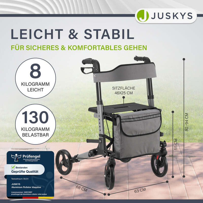Aluminium Rollator Vital klappbar Gehhilfe mit Sitz grau 130kg Unabhängigkeit - 4260565522683