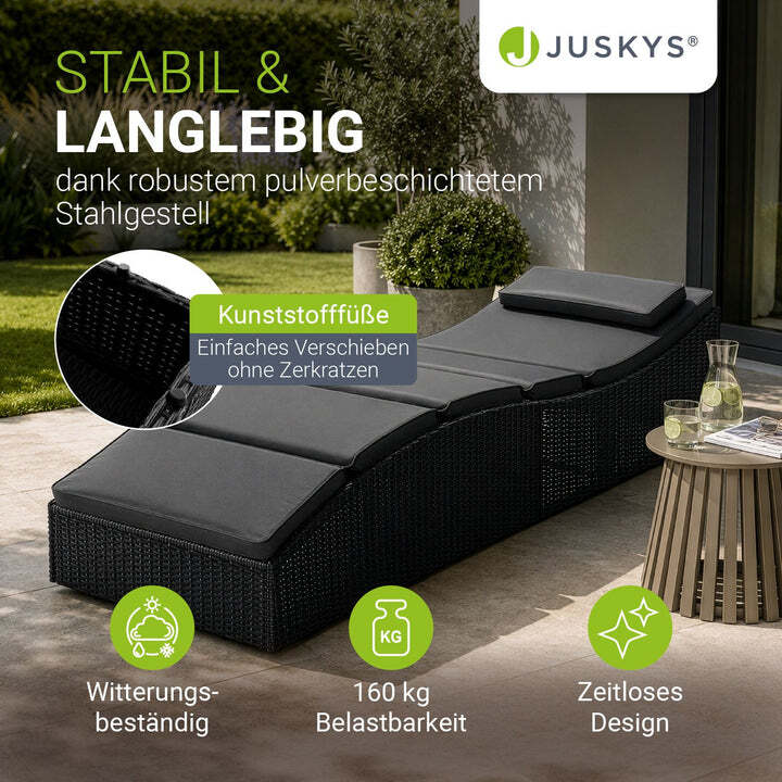 Faltbare Polyrattan Sonnenliege Lamia Relaxliege mit Kissen Schwarz Grau - 4262437181103