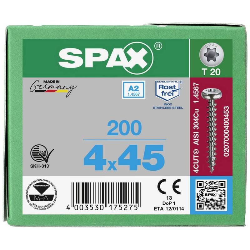 SPAX Halbrund-Holzschraube 4x45mm Edelstahl A2 T-STAR plus 200 Stück Schrauben - 4003530175275