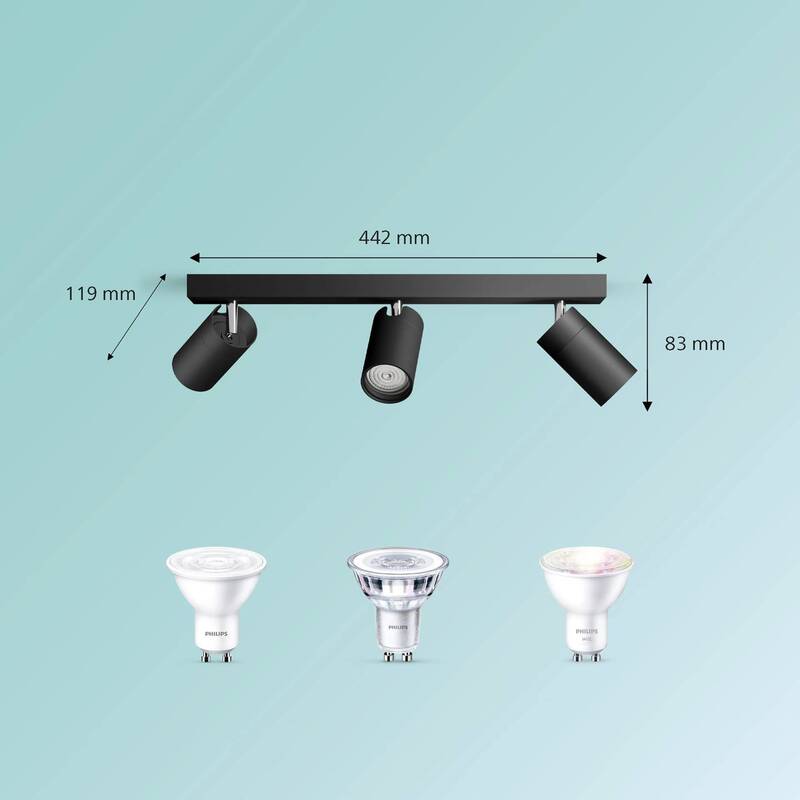 Philips Deckenstrahler GU10 Schwarz dimmbar 3-flammig IP44 Metall 442x83x119mm - 8720169299016