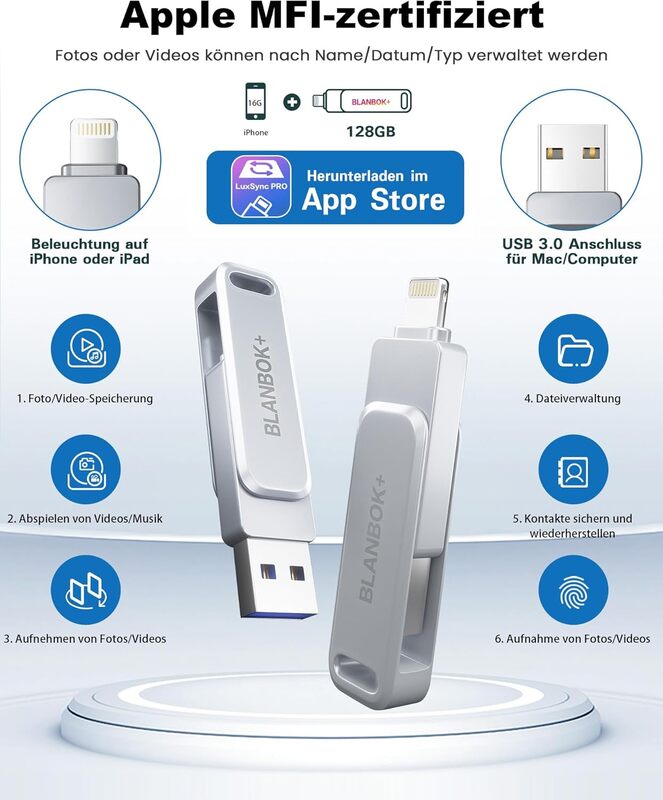 BLANBOK+ USB Stick Speicherstick iPhone iPad Android Silber 128 GB 10 STÜCK - 0799793771210