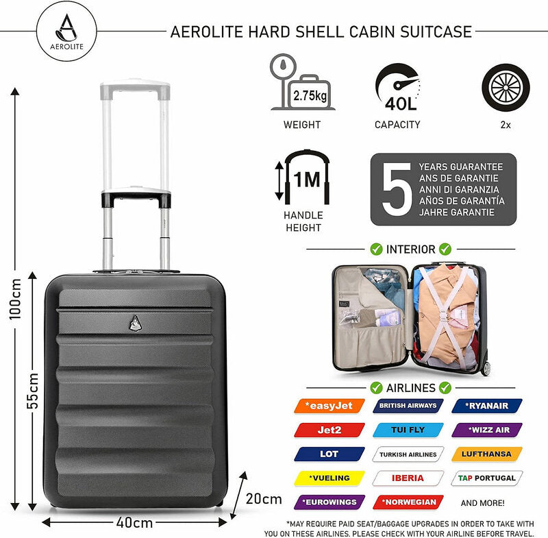 Aerolite Hartschalenkoffer 55x40x20cm Reisekoffer Handgepäck TSA Schloss schwarz - 5038230135075
