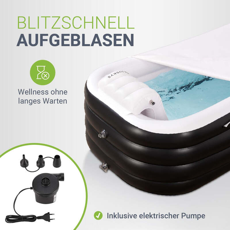 Aufblasbare mobile Badewanne mit Luftpumpe Abdeckung Rückenlehne 170x87x50 cm - 4262437183336