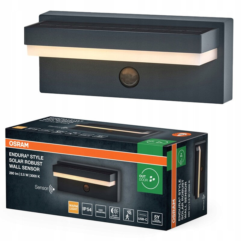 OSRAM Wandleuchte LED Außen dunkelgrau Solar USB robust PIR Sensor IP54 3000K - 4099854415715