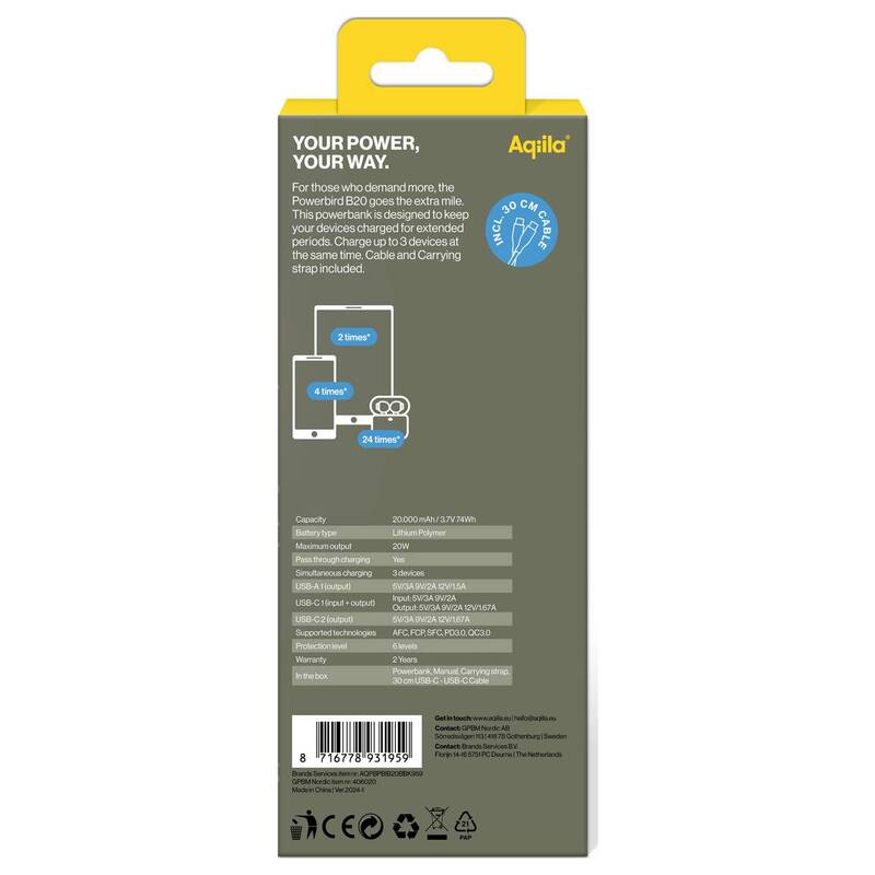 Aqiila Powerbank Ladegerät Akku POWERBIRD B20 LCD Display 20000 mAh - 8716778931959