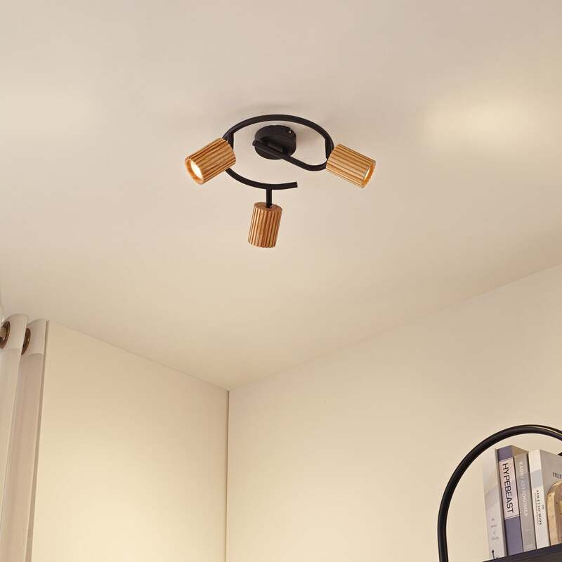 Lindby Deckenstrahler Spot Strahler Holz schwarz Eisen Stralino 3 flammig GU10 - 4255830903809