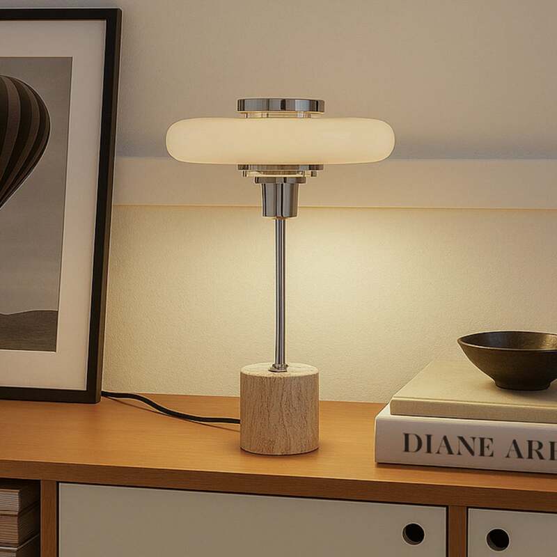 Lindby Tischleuchte Branford LED Lampe Retro beige Metall Travertin 46cm hoch - 4255830903366