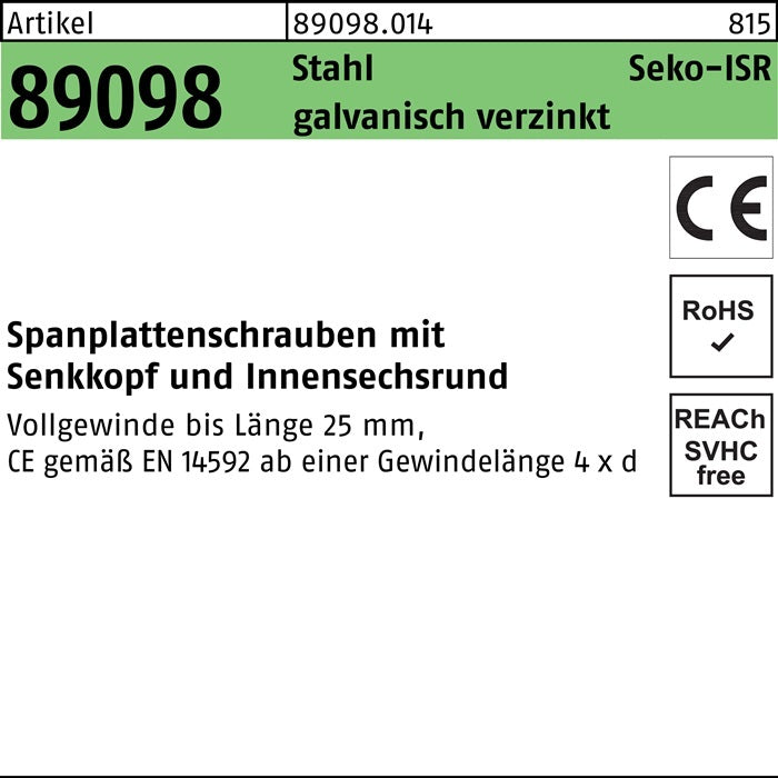 Reyher Spanplattenschraube Schraube R 89098 SEKO Innensechsrund TG 6x80 4 SETS - 4051427347618