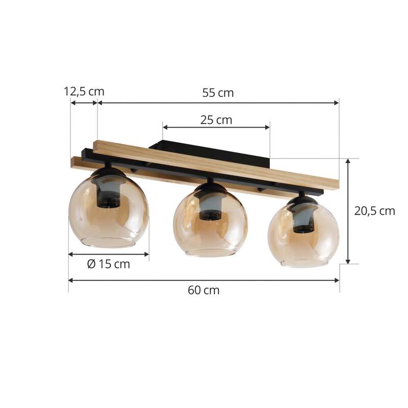 Lindby Deckenlampe Enrique LED 3-flammig Hängeleuchte Lampe amber Holz Glas - 4251911774856