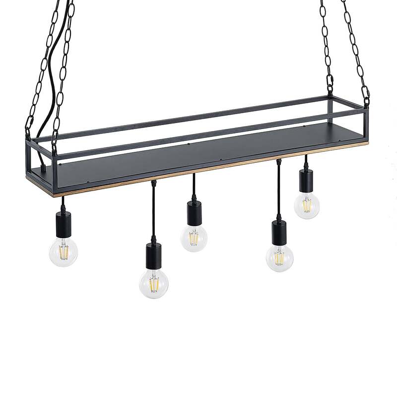 Lindby Pendelleuchte Kirista 5-flg LED schwarz Holz 100cm E27 Leuchte Lampe - 4251911734812