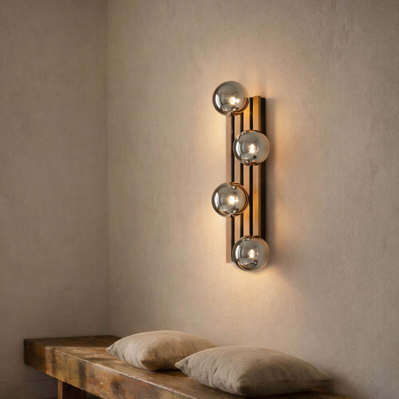 Lindby Wandleuchte Woodora 4-flammig Holz Glas rauchgrau dimmbar 68 cm - 4255830903281