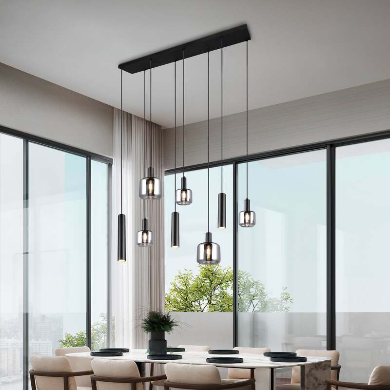 TRIO LIGHTING Hängelampe Pendelleuchte Mataro chrom/schwarz 118cm 8-flg Glas - 4017807612929
