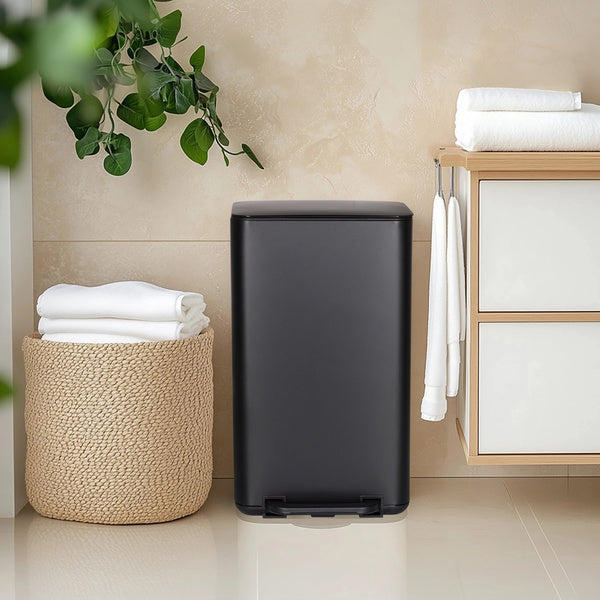 hjh OFFICE Mülleimer CLEAN NATURA 30L Schwarz matt Holzoptik Stahl - 4064323107330