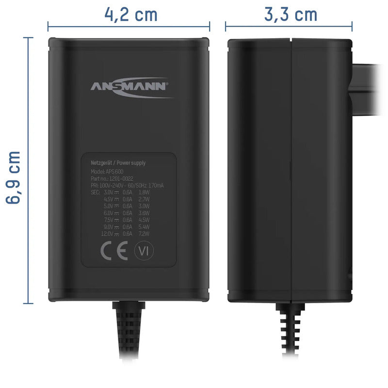 Ansmann Steckernetzteil APS 600 einstellbar 12V 9V 7.5V 6V 4.5V 3V 600mA 7.20W - 4013674164097