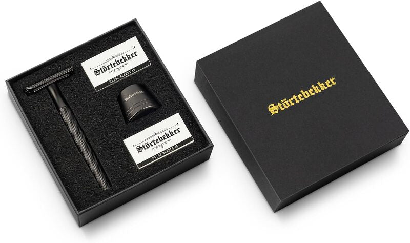Störtebekker Rasierhobel Set Rasierer 10 Klingen Ständer schwarz klassisch Oslo - 4260554493994