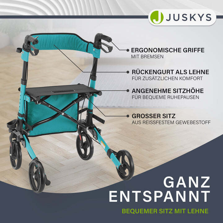 Aluminium Rollator Vital klappbar Gehhilfe mit Sitz und Tasche Petrol Blau - 4260565522706