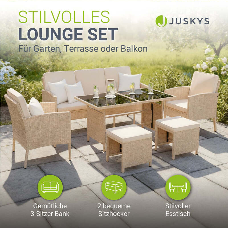 Rattan Sitzgruppe Turin Polyrattan Gartenmöbel Set für 7 Personen mit Kissen - 4262437186627
