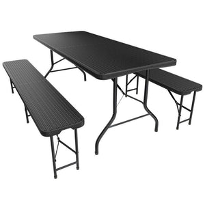 B-Ware Bierzeltgarnitur Amberg klappbar 3-teilig in Rattan-Optik schwarz 180x74cm