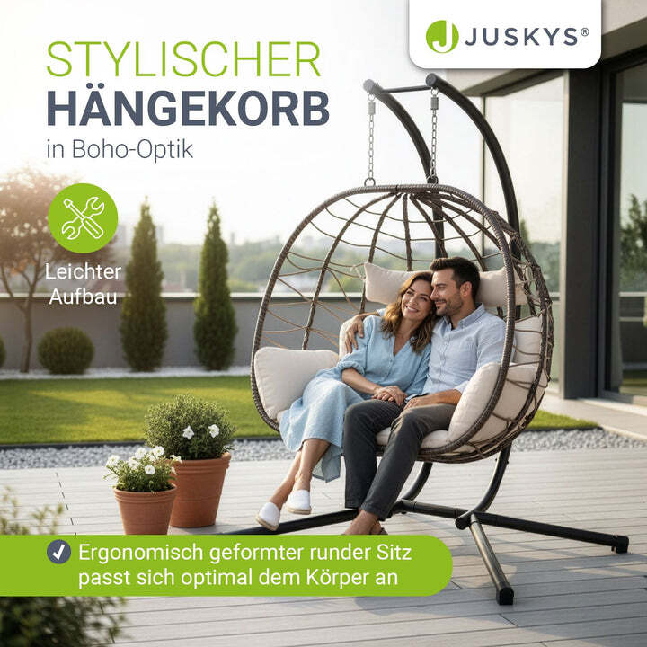 Polyrattan Doppelhängesessel Aria Freischwingend mit Kissen für 2 Personen beige - 4262437181349