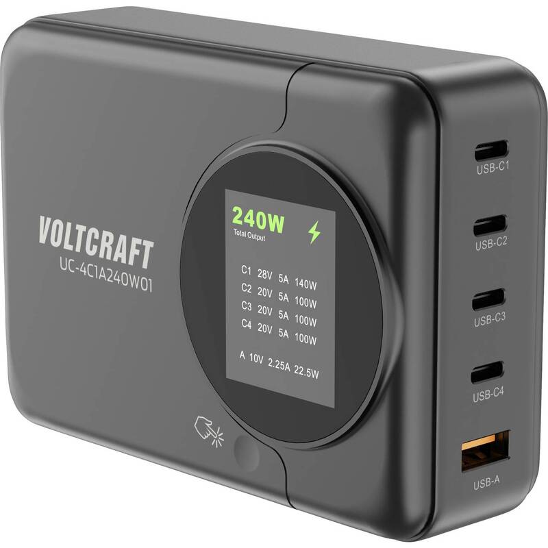 VOLTCRAFT UC-4C1A240W01 USB Ladegerät 240W 4x USB-C 1x USB-A Schwarz GaN - 4064161472294