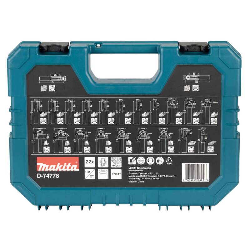 Makita Fräser-Set 22-teilig HM 8 mm für Holzarbeiten im Koffer 250x345 mm - 88381590228