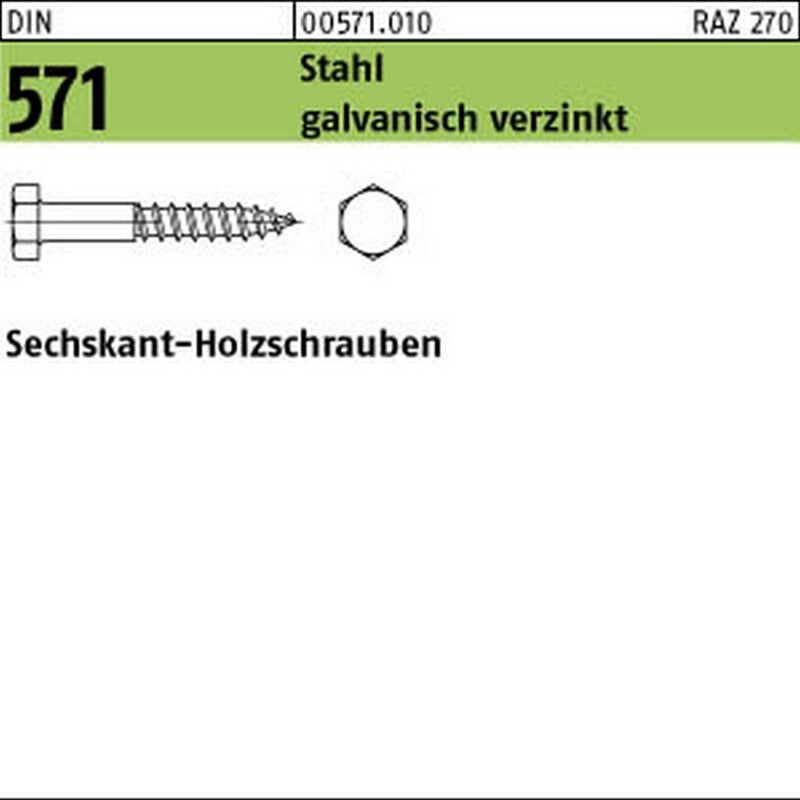1 Pack Sechskant-Holzschr. DIN 571 Stahl 8 X 130 Galv. Verzinkt Gal Zn (Inhalt: 100 Stück). - 4043952105757