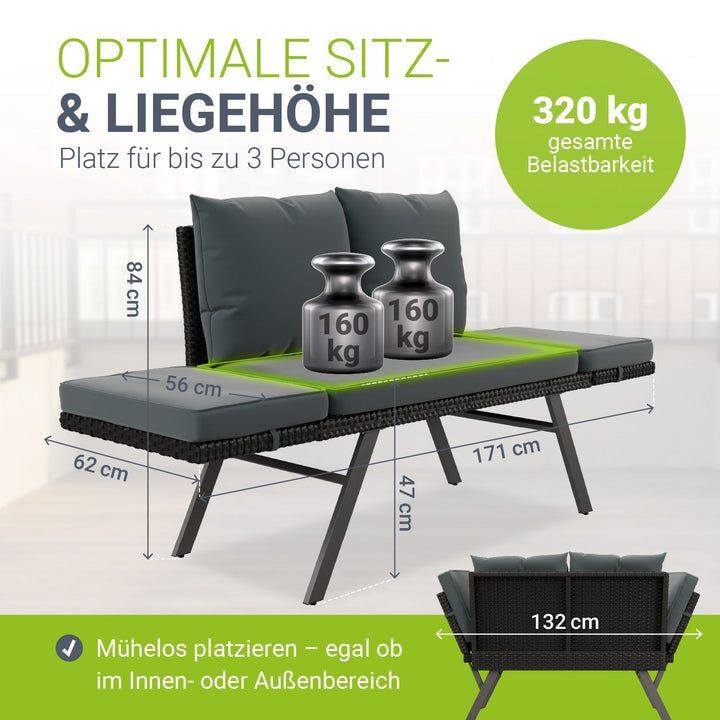 Polyrattan Gartenbank Calvia schwarz grau creme mit Liegefunktion für 2-3 - 4262437187488