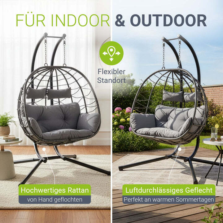 Polyrattan Doppelhängesessel Aria für 2 Personen mit Gestell und Kissen grau - 4262437181332