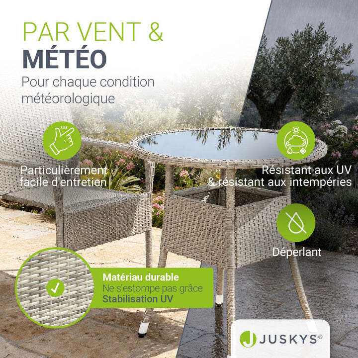 Runder Gartentisch Yoro Polyrattan Tisch mit Glasplatte grau Ø60cm wetterfest - 4262437180151