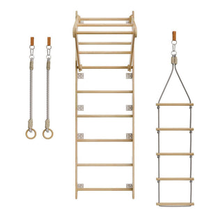 B-Ware Sprossenwand für Kinder Kletterwand mit Strickleiter Turnringen Holz natur 2,1 m