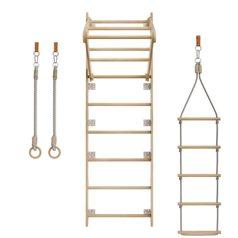 Sprossenwand für Kinder Kletterwand mit Strickleiter Turnringen Holz natur 2,1 m - 4262437183275