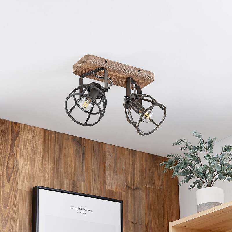 Lindby Deckenstrahler Rutger LED Strahler Holz dimmbar schwarz 2-flammig 36cm - 4251096596076