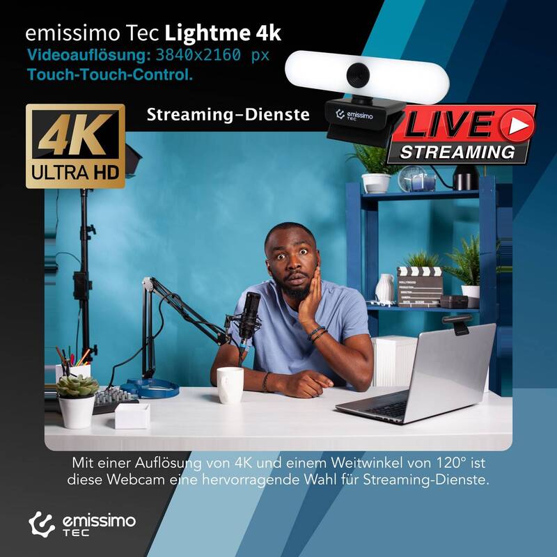 Emissimo TEC Webcam 4K Kamera mit Licht und Mikrofon 3840x2160px Autofokus 120° - 4262377760000