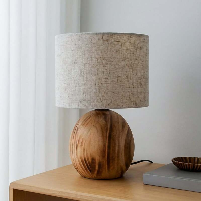Lindby Tischleuchte Mayumi LED Lampe Leuchte Holz Textil E27 31cm hellgrau - 4251911798524