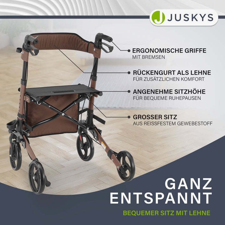 Aluminium Rollator Vital klappbar Gehhilfe mit Sitz und Tasche für Alltag braun - 4260565522713