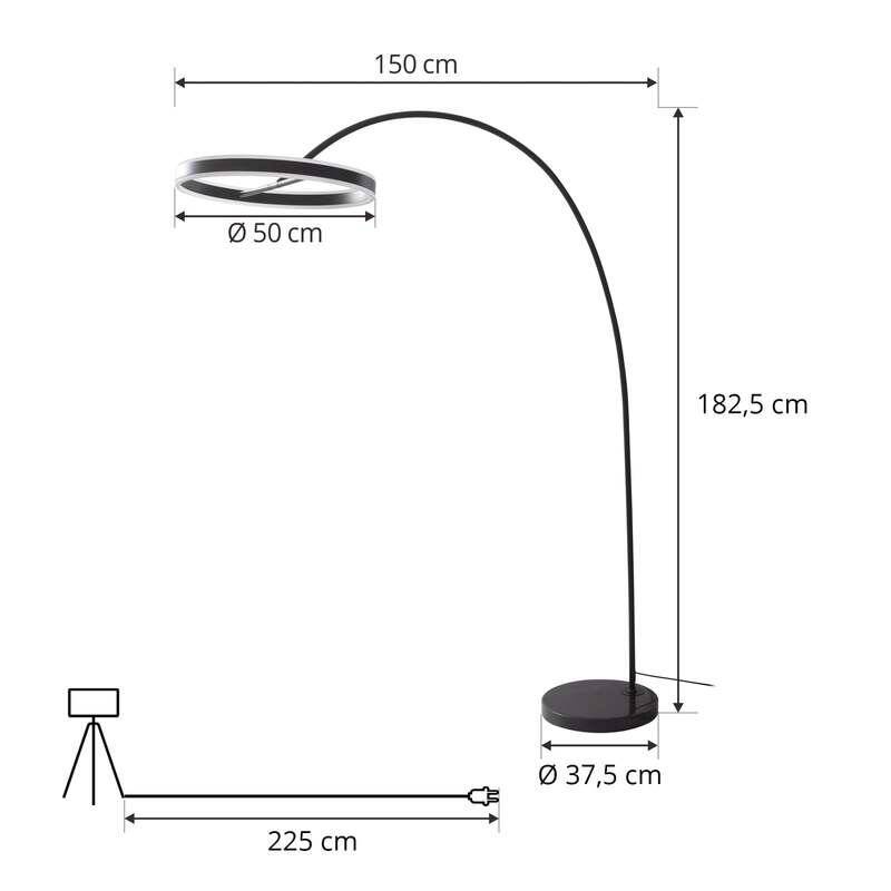 Lucande Stehleuchte Yekta LED dimmbar schwarz elegante Bogenlampe 183cm Höhe - 4251911761955