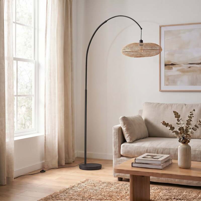 Lindby Bogenleuchte Solvian schwarz/natur Bambus Metall Lampe Leuchte Spot - 4255830904288