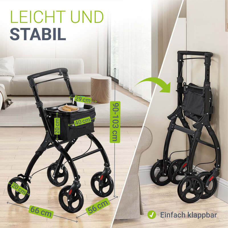 Rollator Aktiv klappbar für schmale Wohnräume Aluminium schwarz 110kg max. - 4262437182926