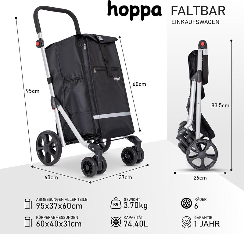 Hoppa Einkaufstrolley Einkaufswagen Einkaufsrolli Schwarz faltbar 6 Räder 74 L - 5060500952334