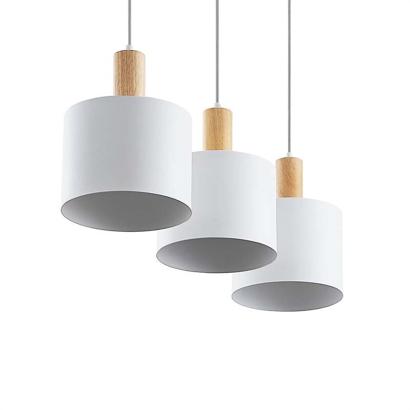 Lindby Hängeleuchte Kadir LED Pendelleuchte dimmbar Holz 3-flammig weiß 73 cm - 4251096592054