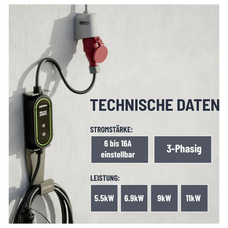 Absina Wallbox Typ 2 Mode 2 16 A 11 kW Elektroauto Ladegerät schwarz IP67 6,4m - 4260368689965