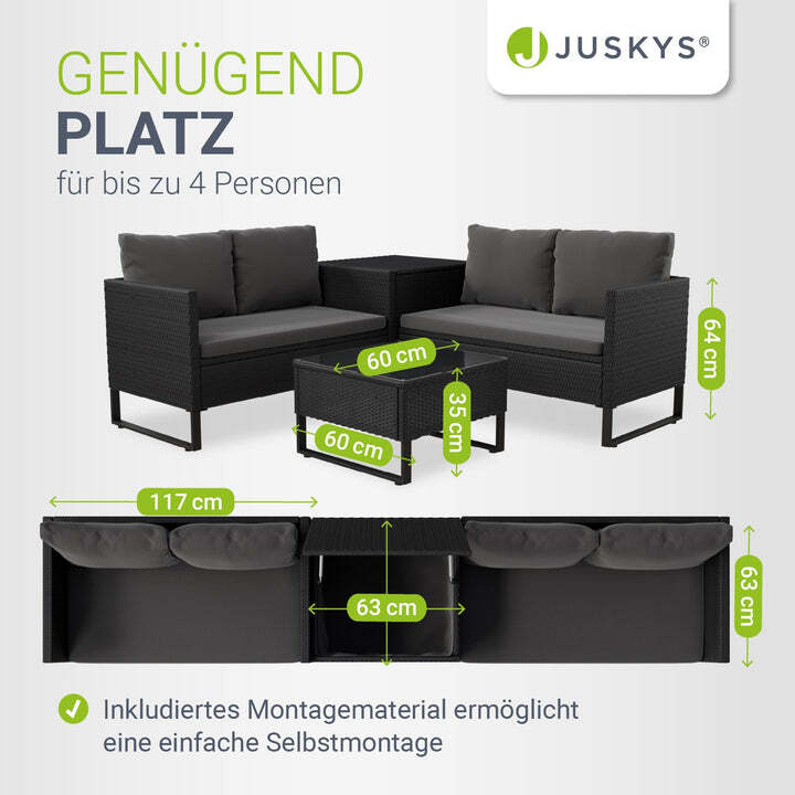 Gartenlounge Santorini 4 Personen modulare Polsterlounge Polyrattan Schwarz - 4262437180298