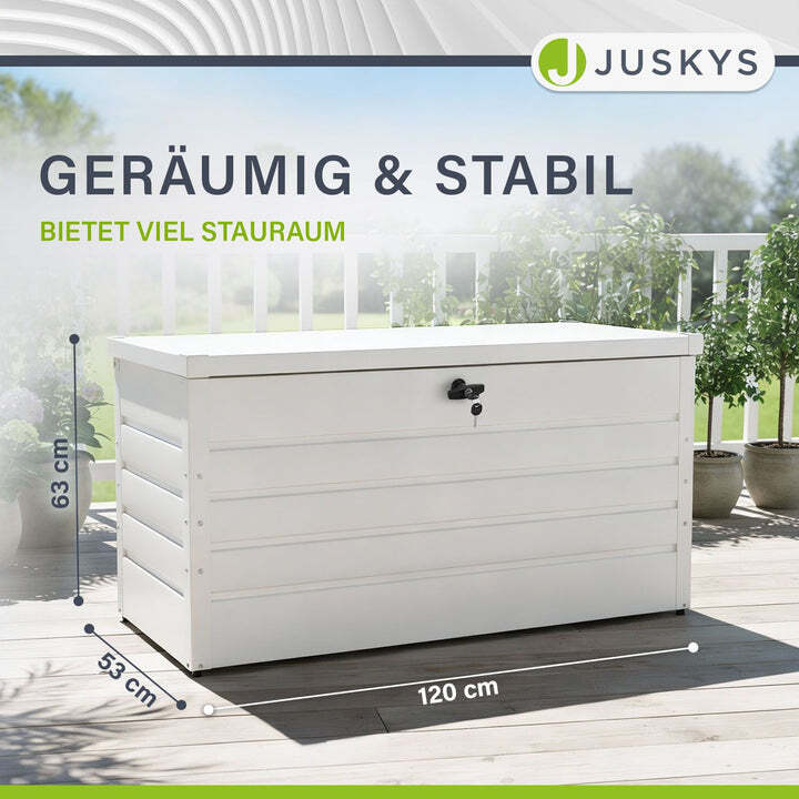 Metall Auflagenbox Limani 380 L wasserdichte Gartenbox sichere Aufbewahrung weiß - 4260565529118