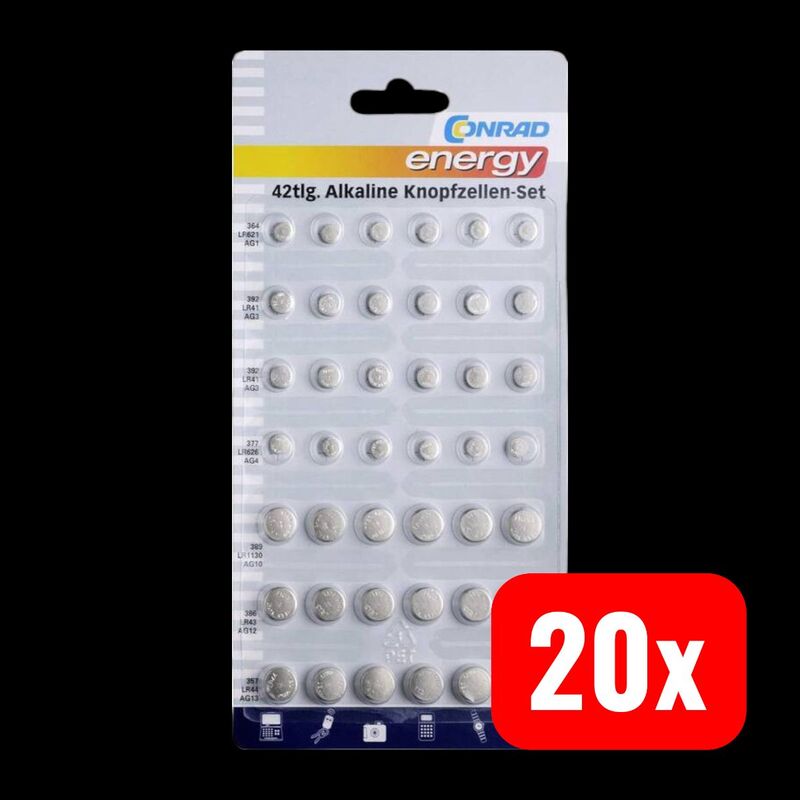Conrad energy Knopfzellen-Set 6x AG1 12x AG3 6x AG4 9x AG10 3x AG12 6x AG13 Akku - 4053199932108
