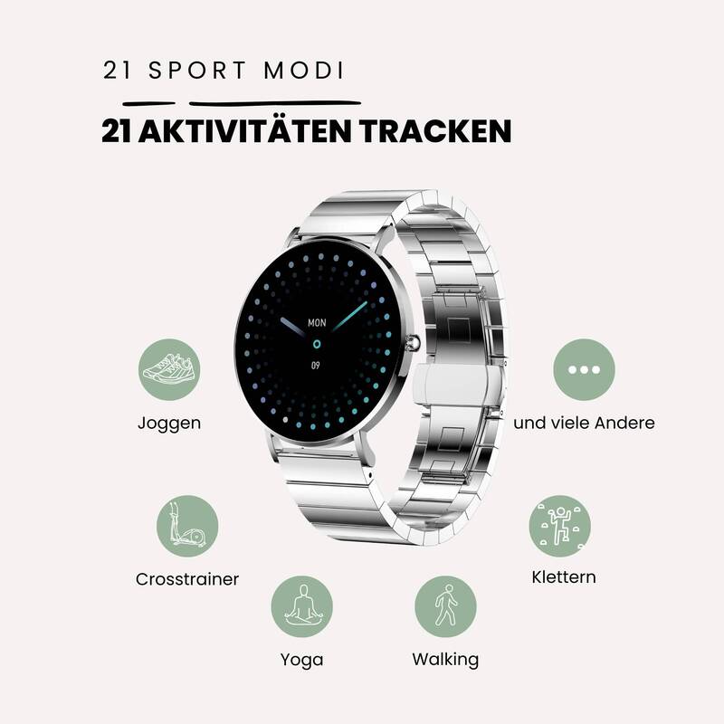 XCOAS SIONA Smartwatch Damen Unisex minimalistische Fitnessuhr Silber855 - 4260449576924