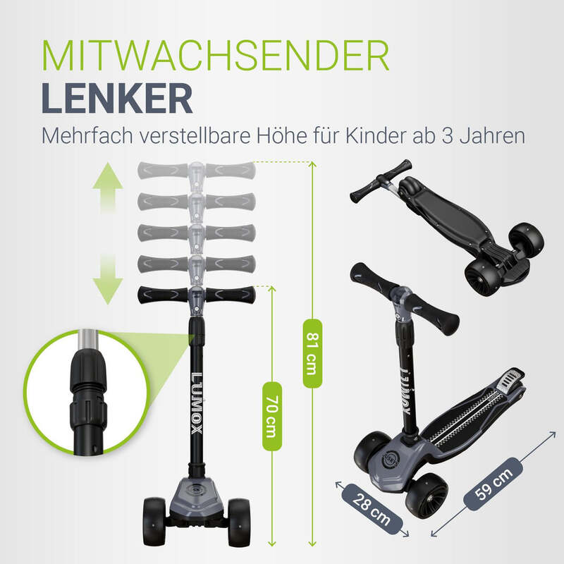 Kinderroller Lumox Roller für Kleinkinder ab 3 Jahren LED-Leuchträder Schwarz - 4262437187709