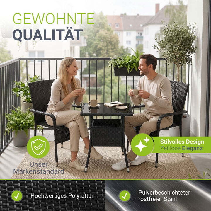Eckiger Gartentisch Yoro Polyrattan Glasplatte wetterbeständig 60 cm schwarz - 4262437180182