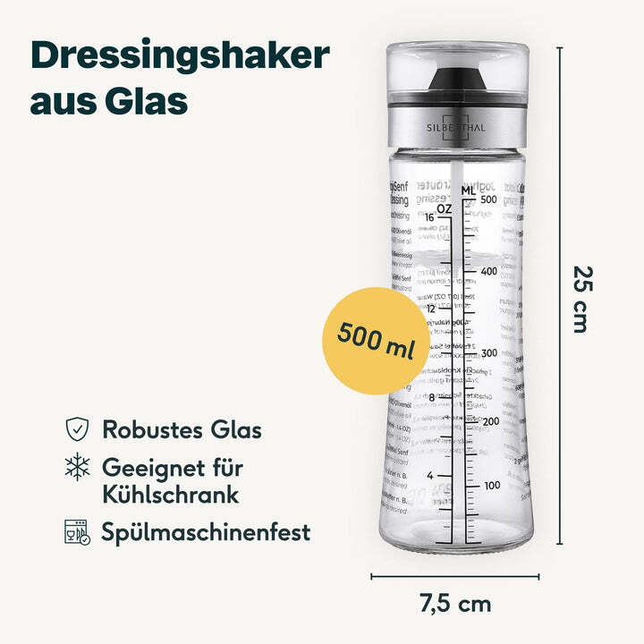 SILBERTHAL Dressingshaker Mixer Glasflasche 500ml Küchenhelfer Marinaden Soßen - 4260470462548