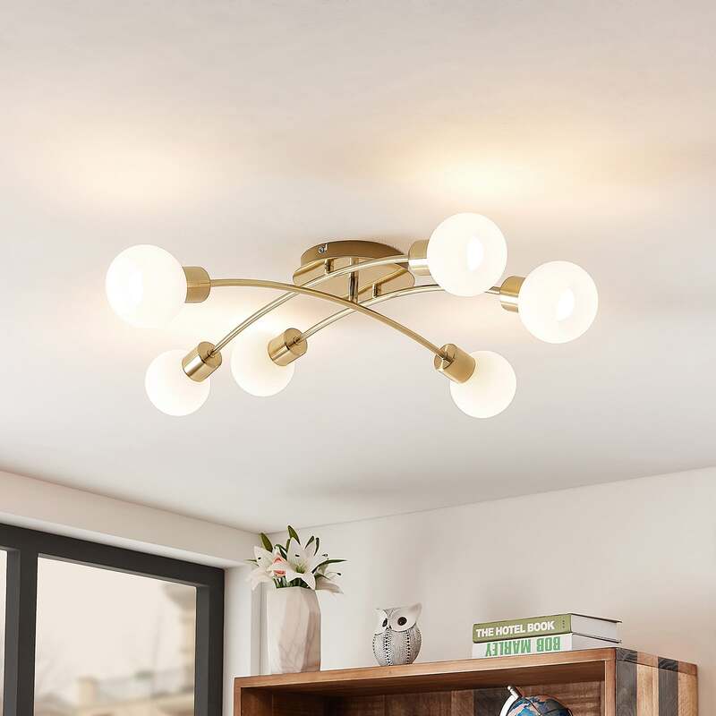 Lindby Deckenleuchte Agmar LED Lampe dimmbar 6-flg messingfarben Glas 80x72cm - 4251096581386