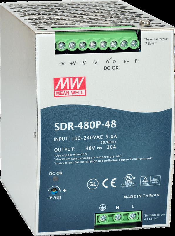 Mean Well SDR-480P-48 Rail PSU 48V DC 10A DIN Mount Overload Prote - 4021087017909